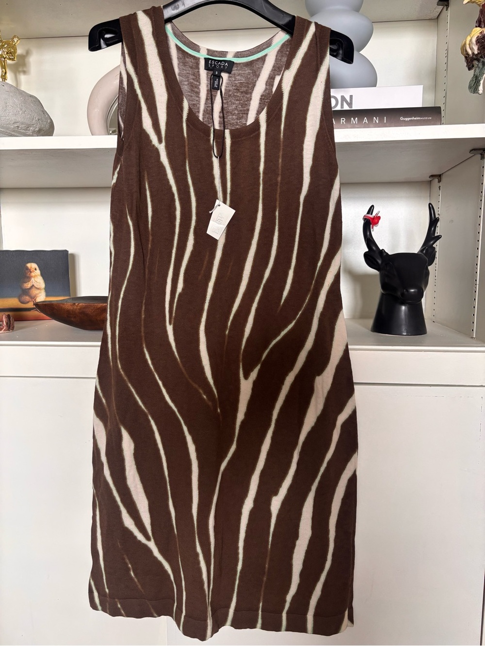 Escada Brown and Cream Zebra-Stripe Knit Midi Dress